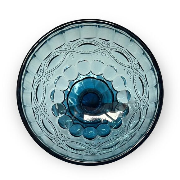 Vintage Embossed Blue Glass Pedestal Dessert, Ice Cream, Candy Dish - Picture 5 of 10
